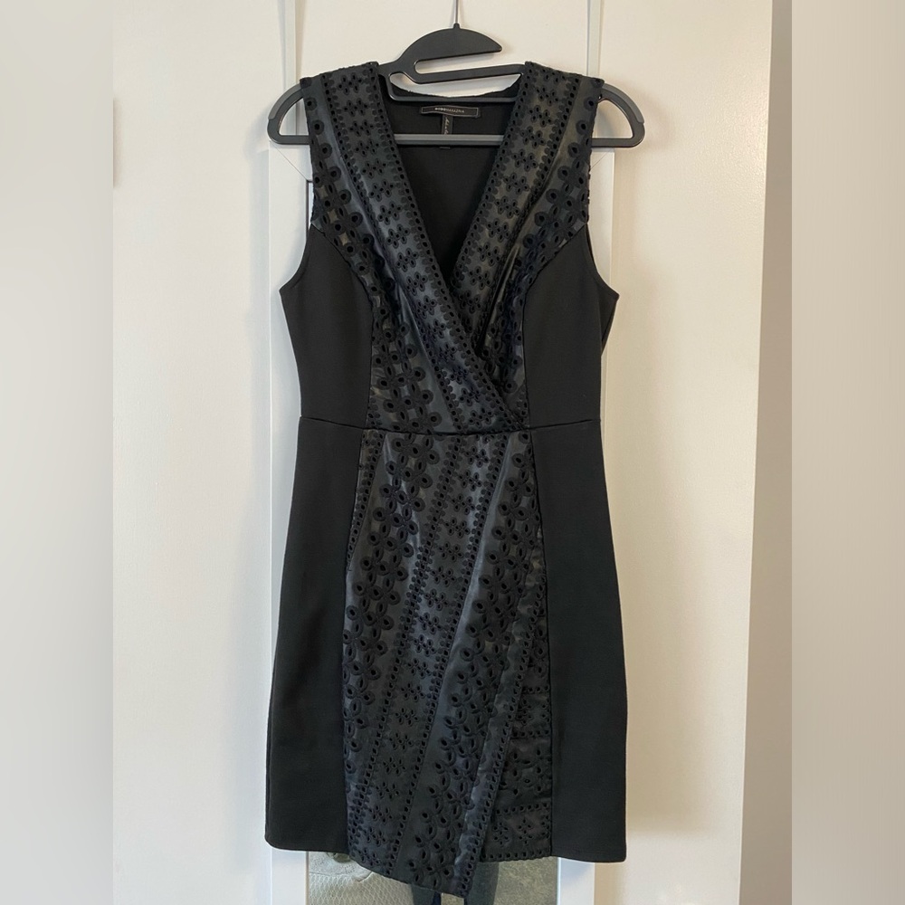 BCBGMAXAZRIA: Embroidered Faux Leather Mini Dress